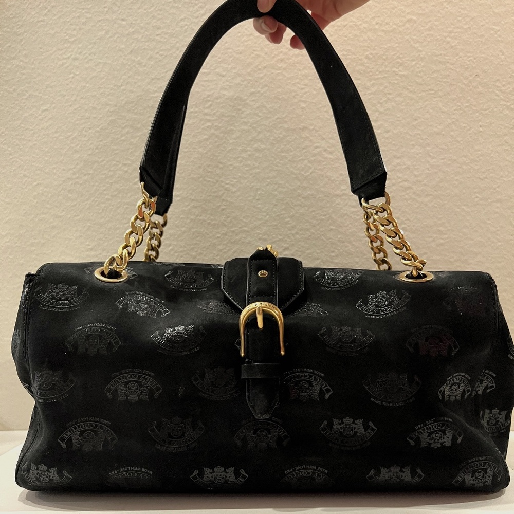 VINTAGE Y2K Juicy Couture Black Suede Embossed Logo Satchel